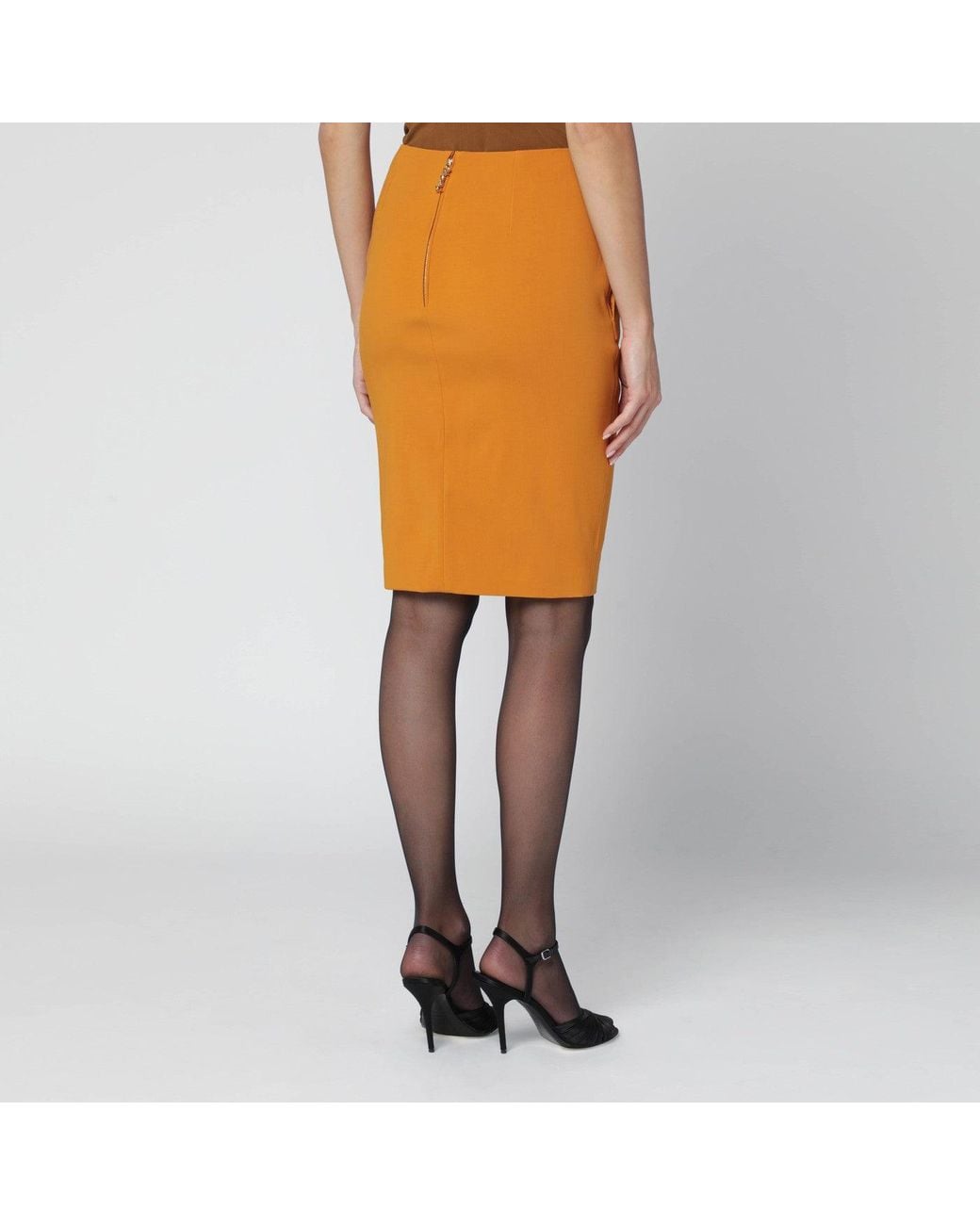 Saint Laurent Orange Ochre Satin Pencil Skirt