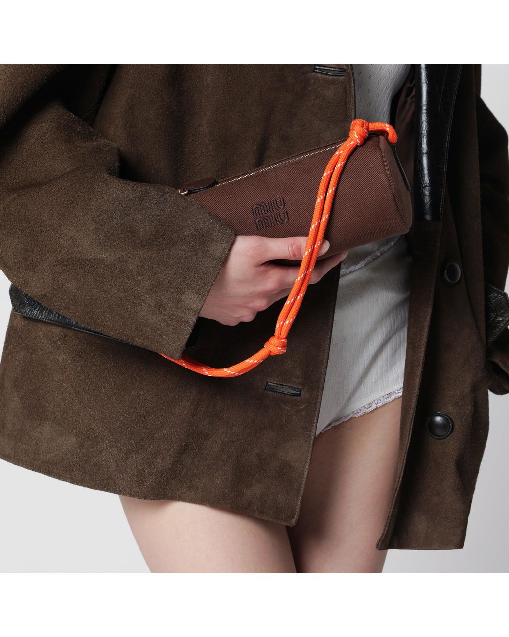 Miu Miu Cotton Gabardine Pouch, Embroidered Logo, Cocoa