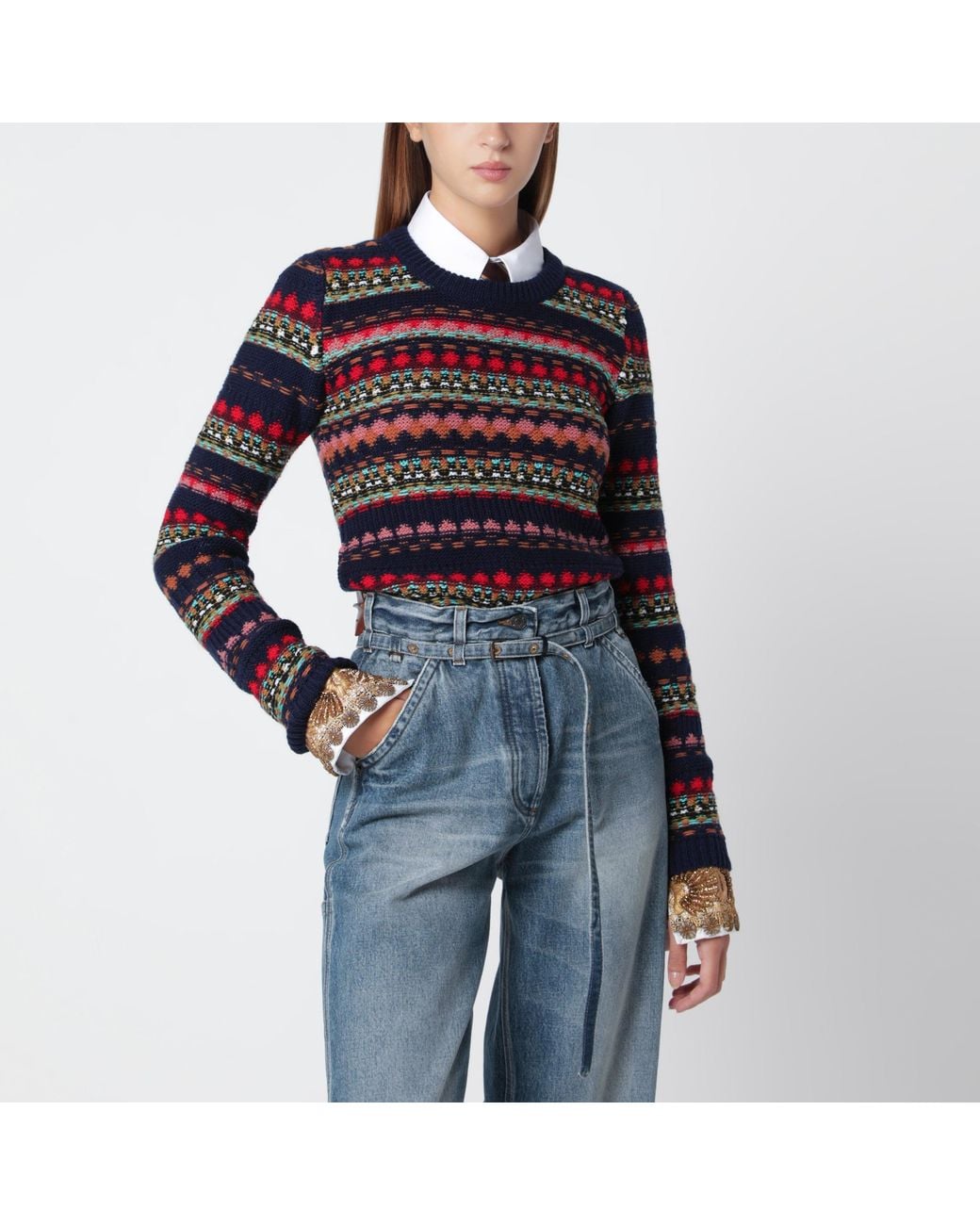 Dries Van Noten Blue Jacquard Wool Sweater
