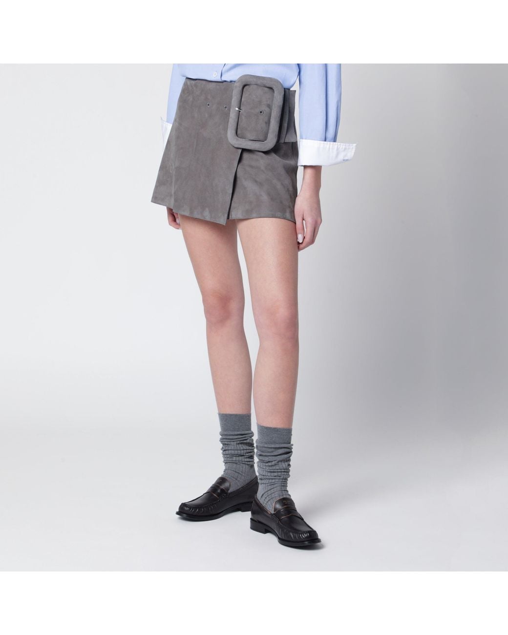 AMI Gray Suede Mini Skirt With Large Buckle Belt