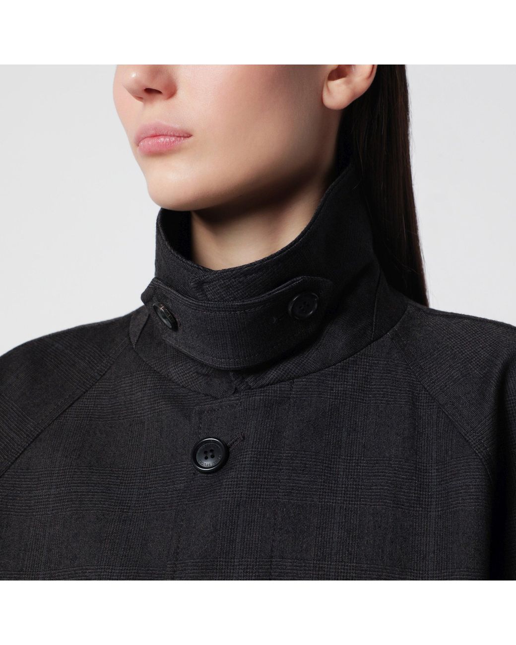 DUNST Black H-Line Wool-Blend Coat With Button-Front, Classic Collar & Check Pattern