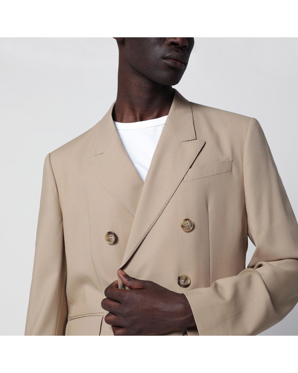 AMI Natural Double-Breasted Virgin Wool Gabardine Jacket for men