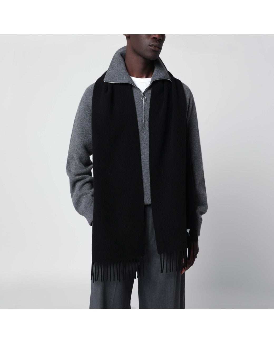 AMI Black Ami De Coeur Wool Scarf for men