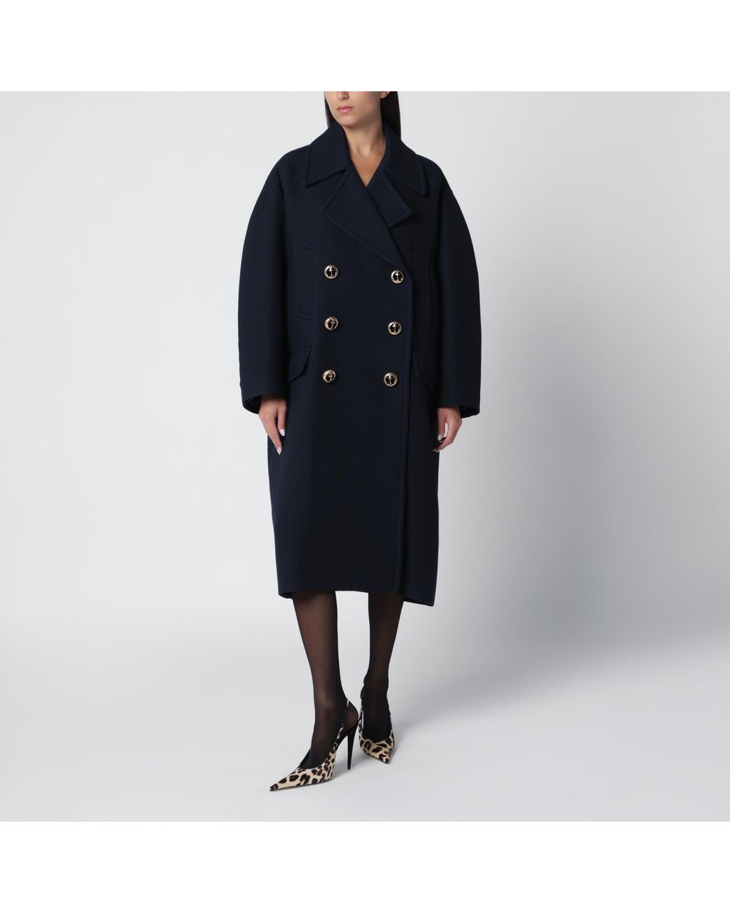 Balenciaga Black Long Textured Wool Pea Coat