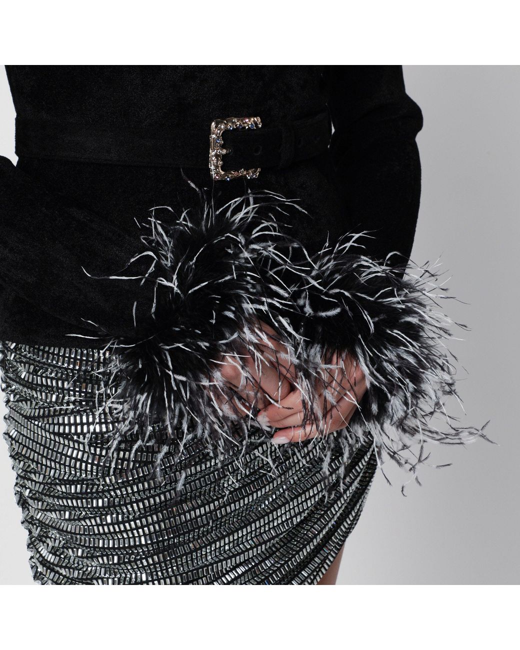 Self-Portrait Black Chenille Knit Top With Feather Trim