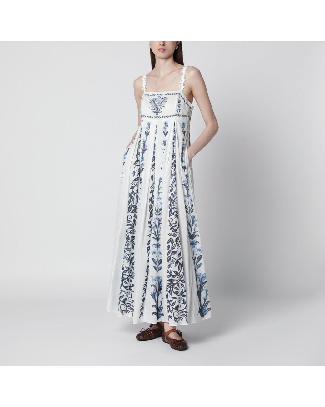 Farm Rio Blue Offwhite Flowers Arch Pleats Maxi Dress