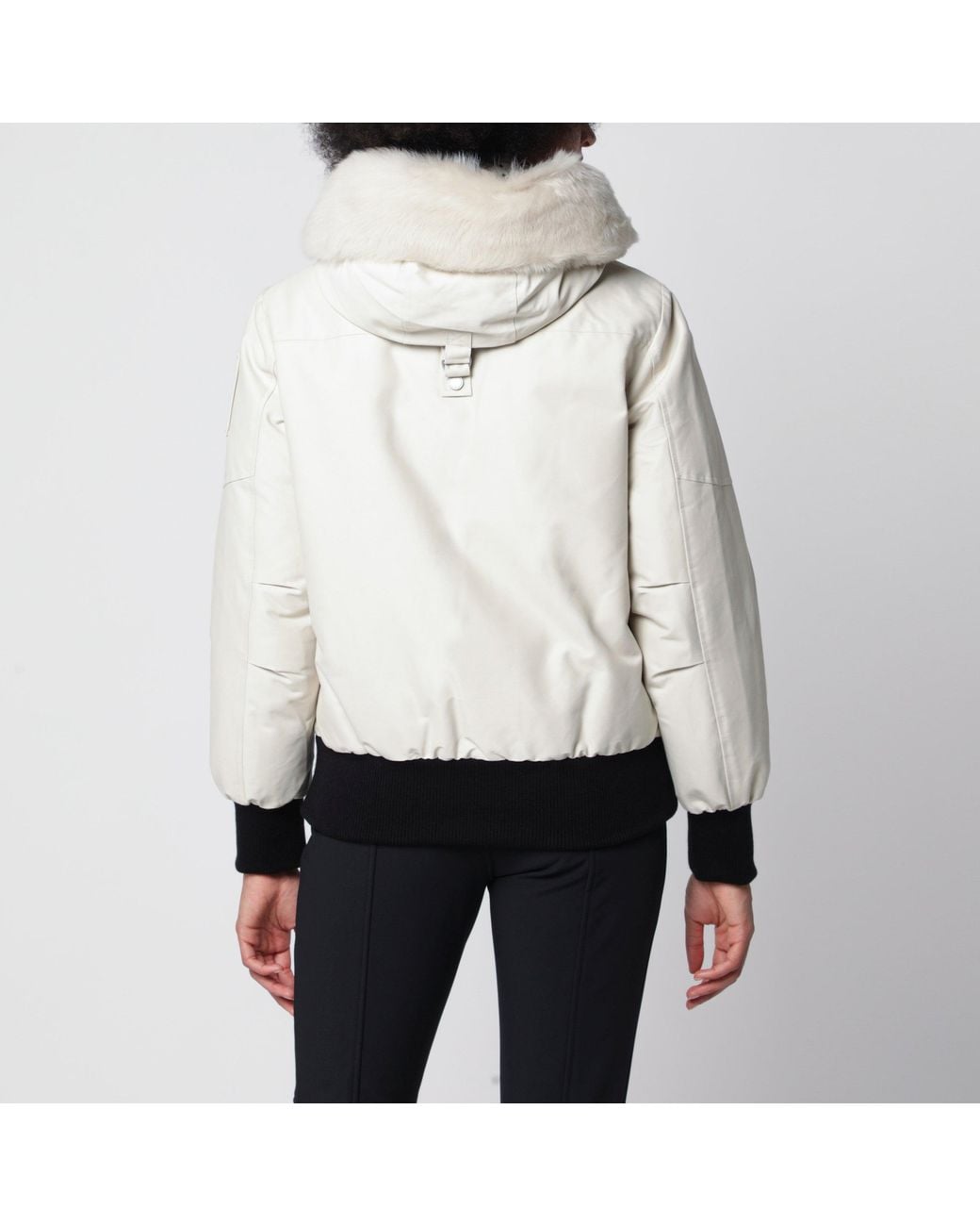 Moose Knuckles White Original Debbie Cropped Mini Bomber Jacket With Down And Stretch