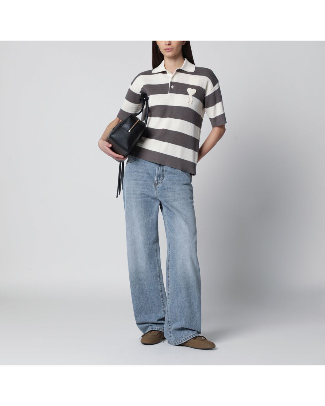 AMI Gray Ami De Coeur Striped Cotton Knit Polo Shirt