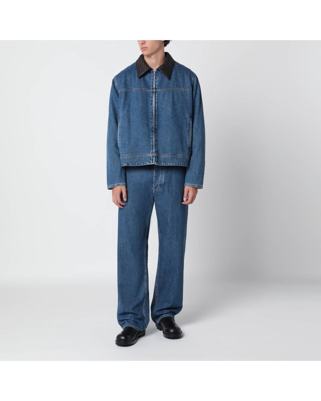 Bottega Veneta Blue Denim Jacket With Intrecciato Collar for men