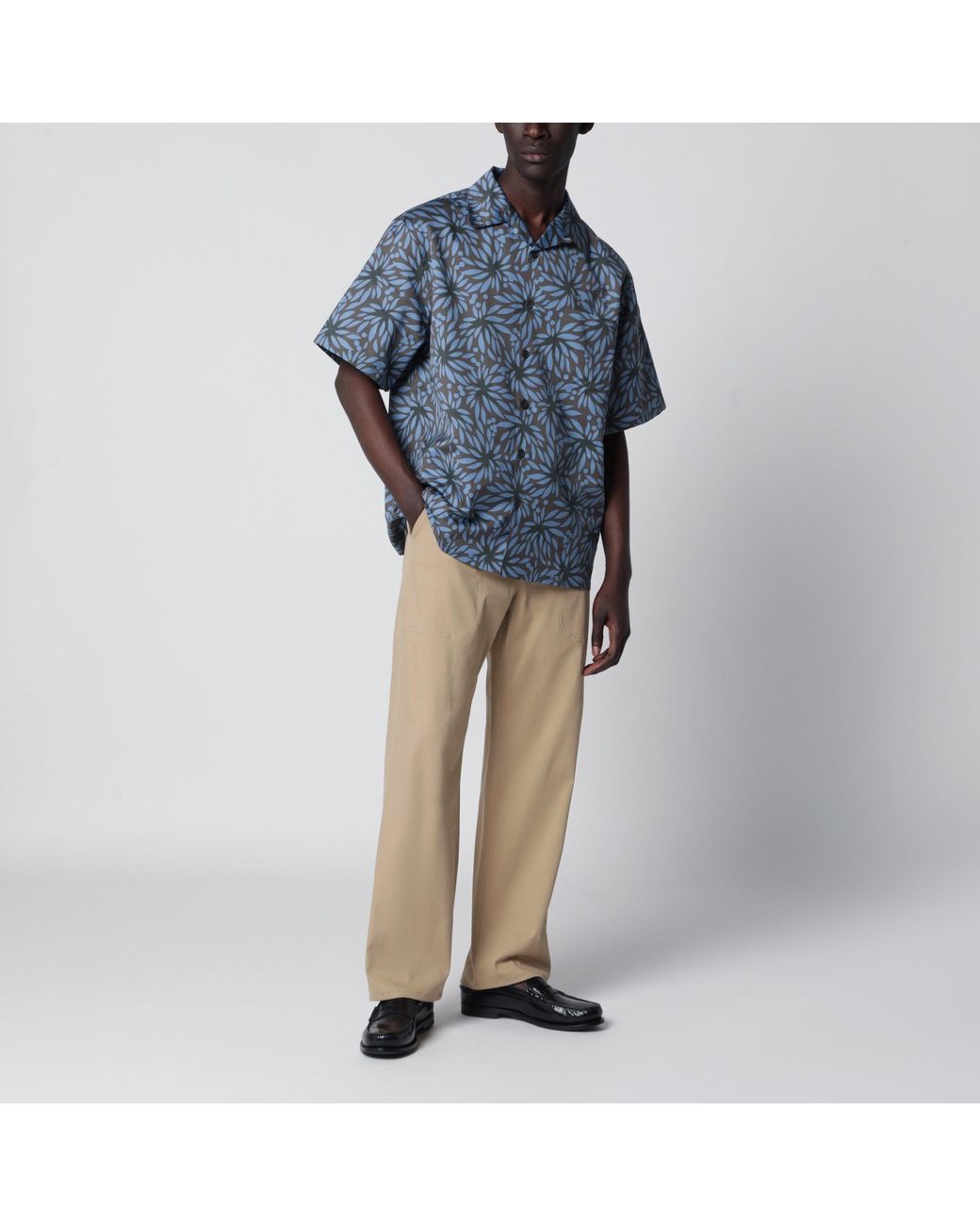 Prada Blue Hematite/ Floral Print Bowling Shirt for men