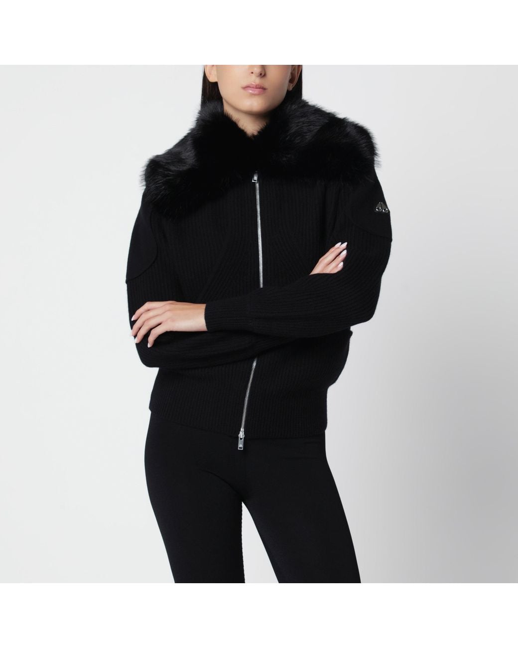 Moose Knuckles Black Wool Cardigan With Faux Fur Collar