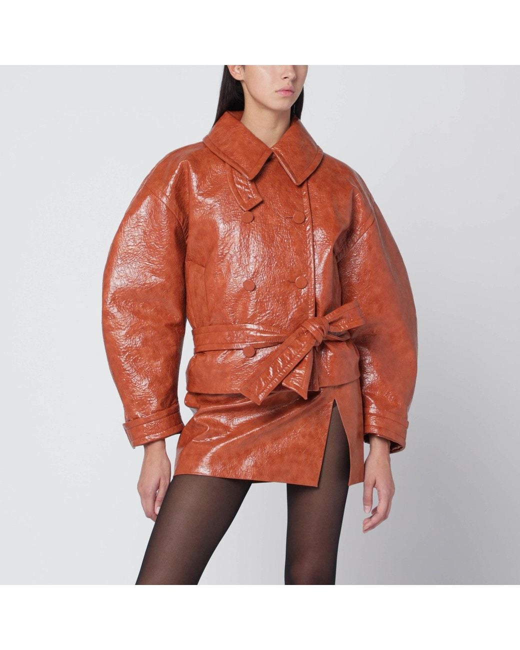ANDAMANE Orange Tan Leather Effect Belted Jacket