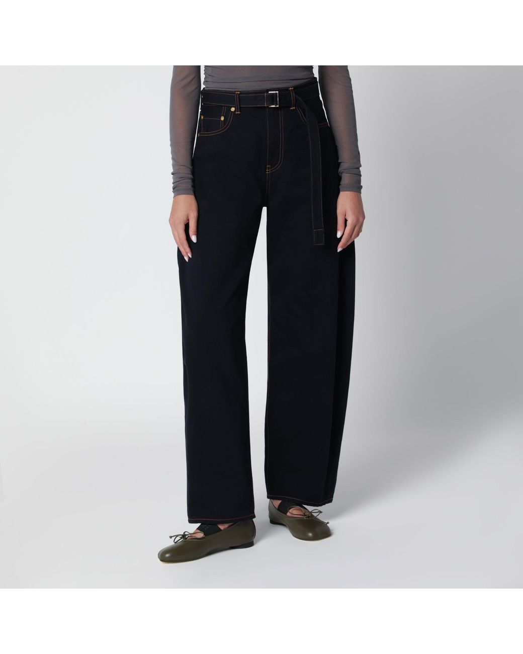 Sacai Black High-Waisted Cotton Barrel Jeans