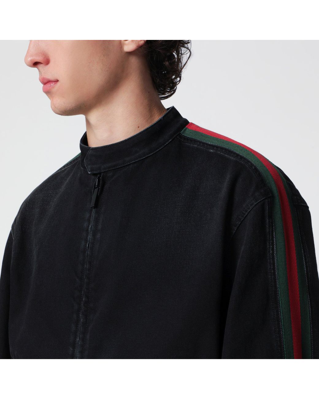 Gucci Black Cotton Denim Biker Jacket With Web Trim for men