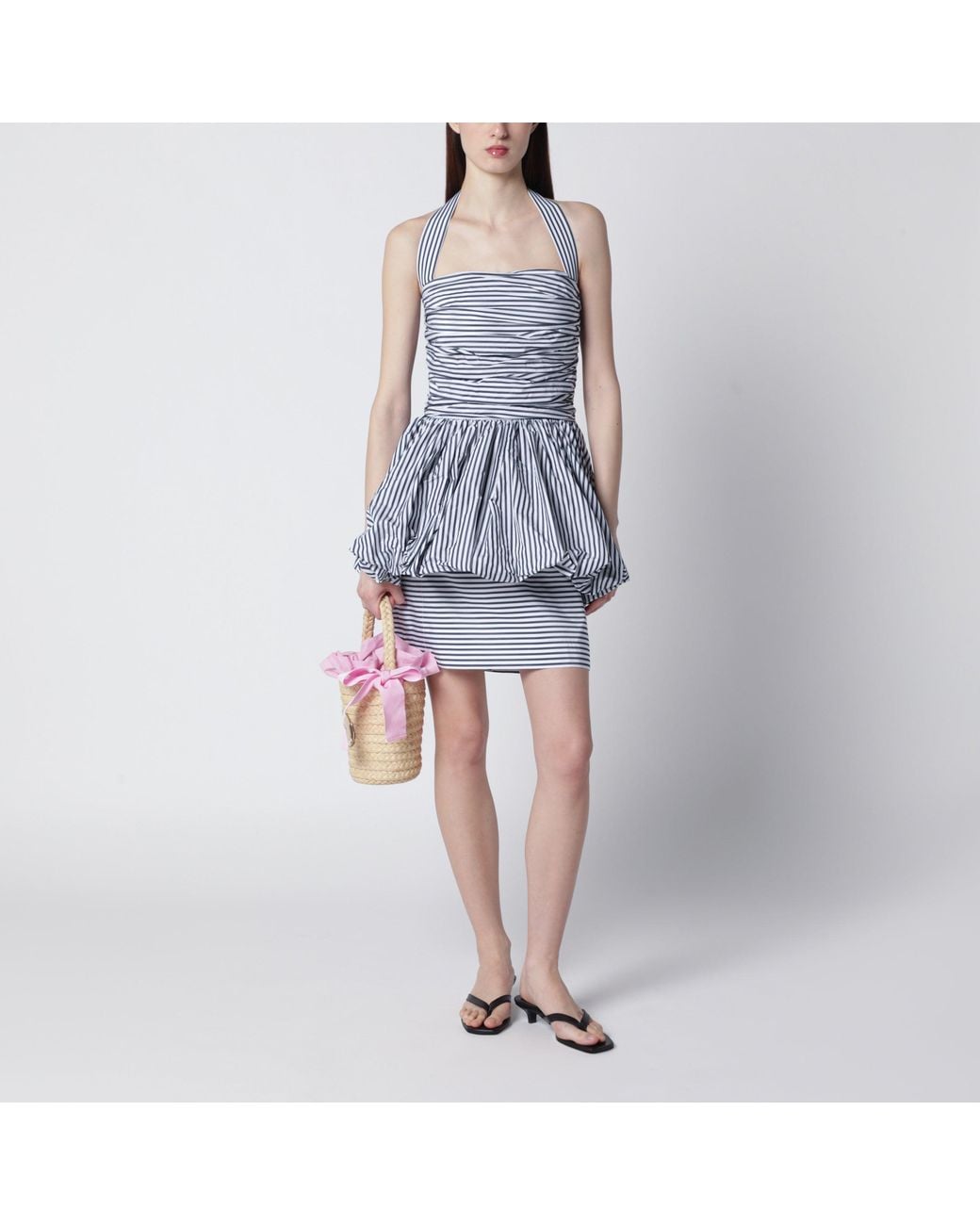 Patou Blue Mini Bloomer Dress With Stripes And Open Back