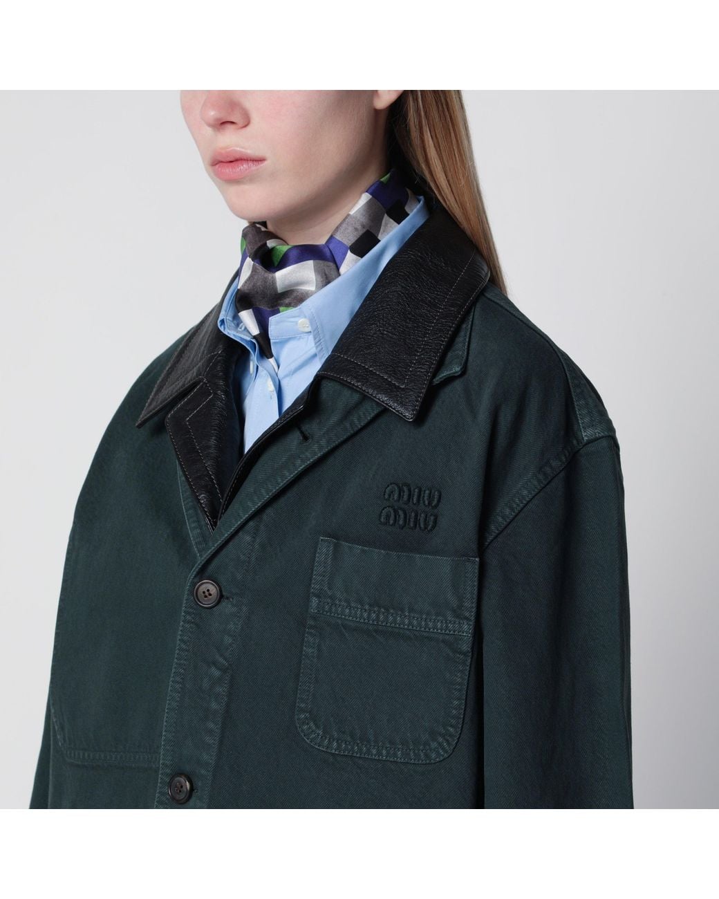 Miu Miu Blue Bottle Gabardine And Leather Jacket