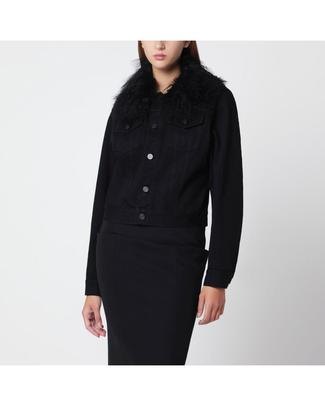 Alaïa Black Denim Jacket With Curly Faux Fur Collar