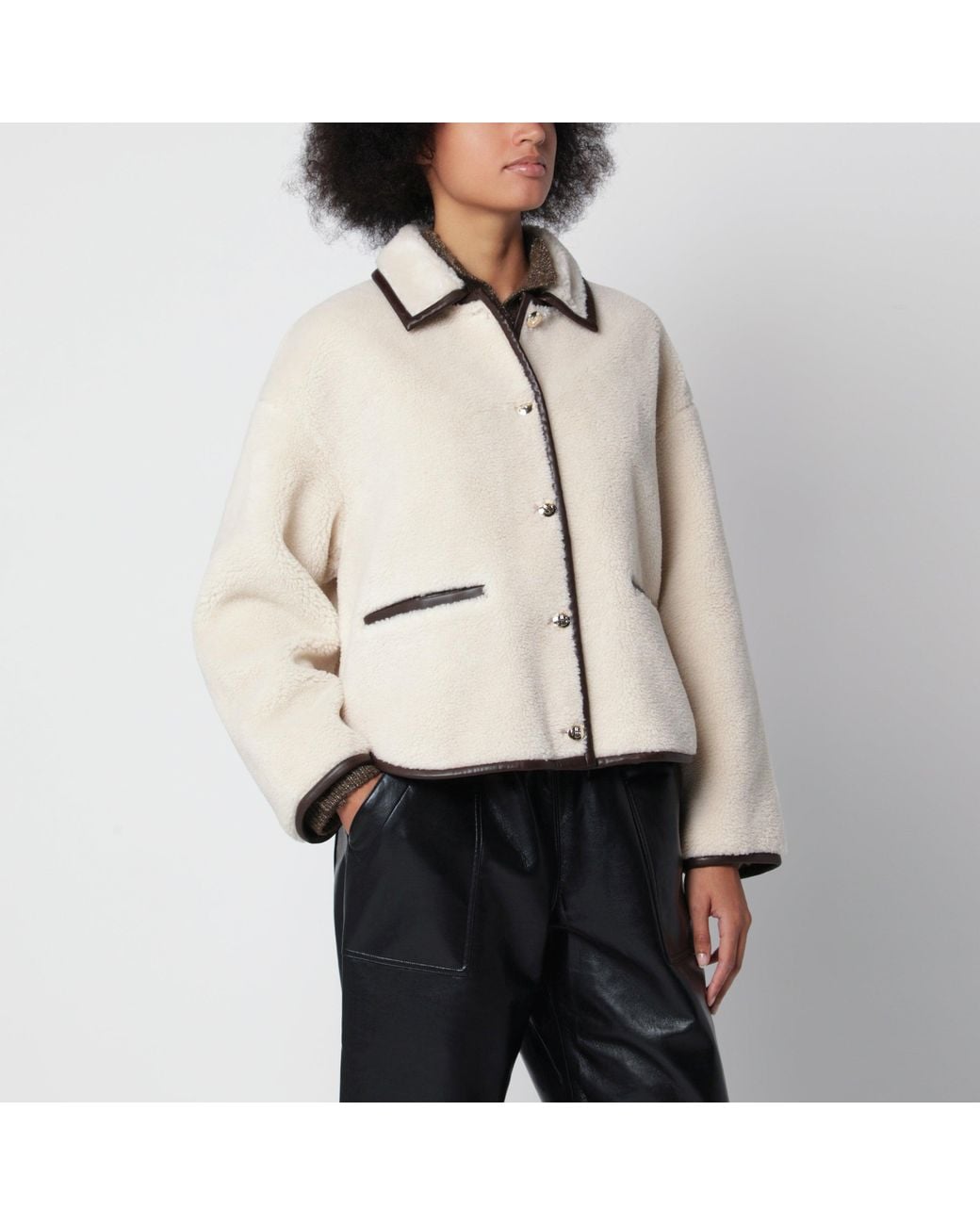 Anine Bing Natural Camden Oversized Faux-Shearling Jacket With Leather Trim