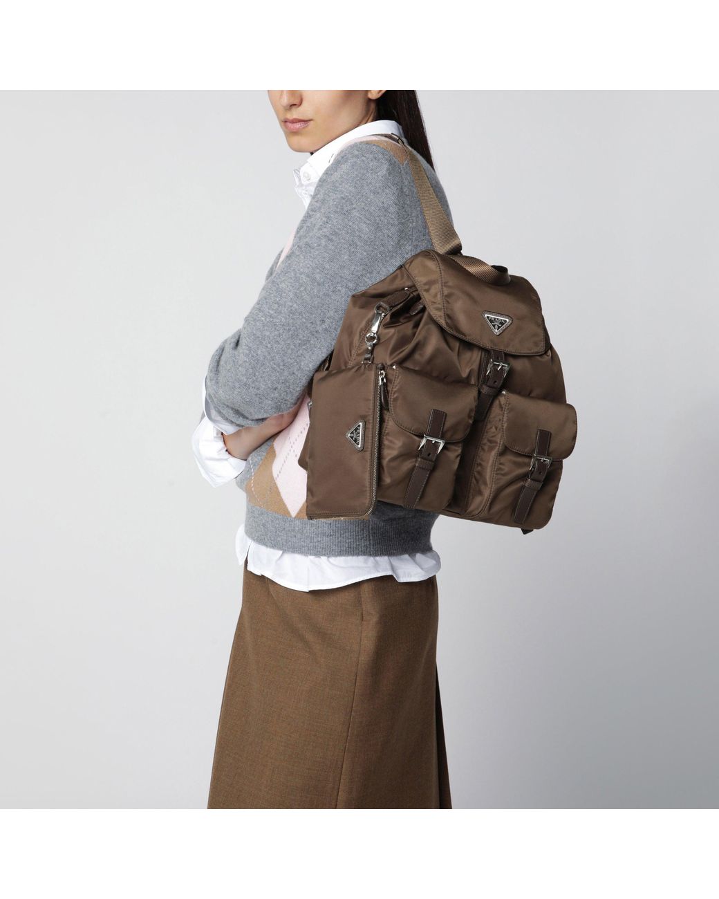 Prada Brown Re-Nylon And Saffiano Backpack With Pouch