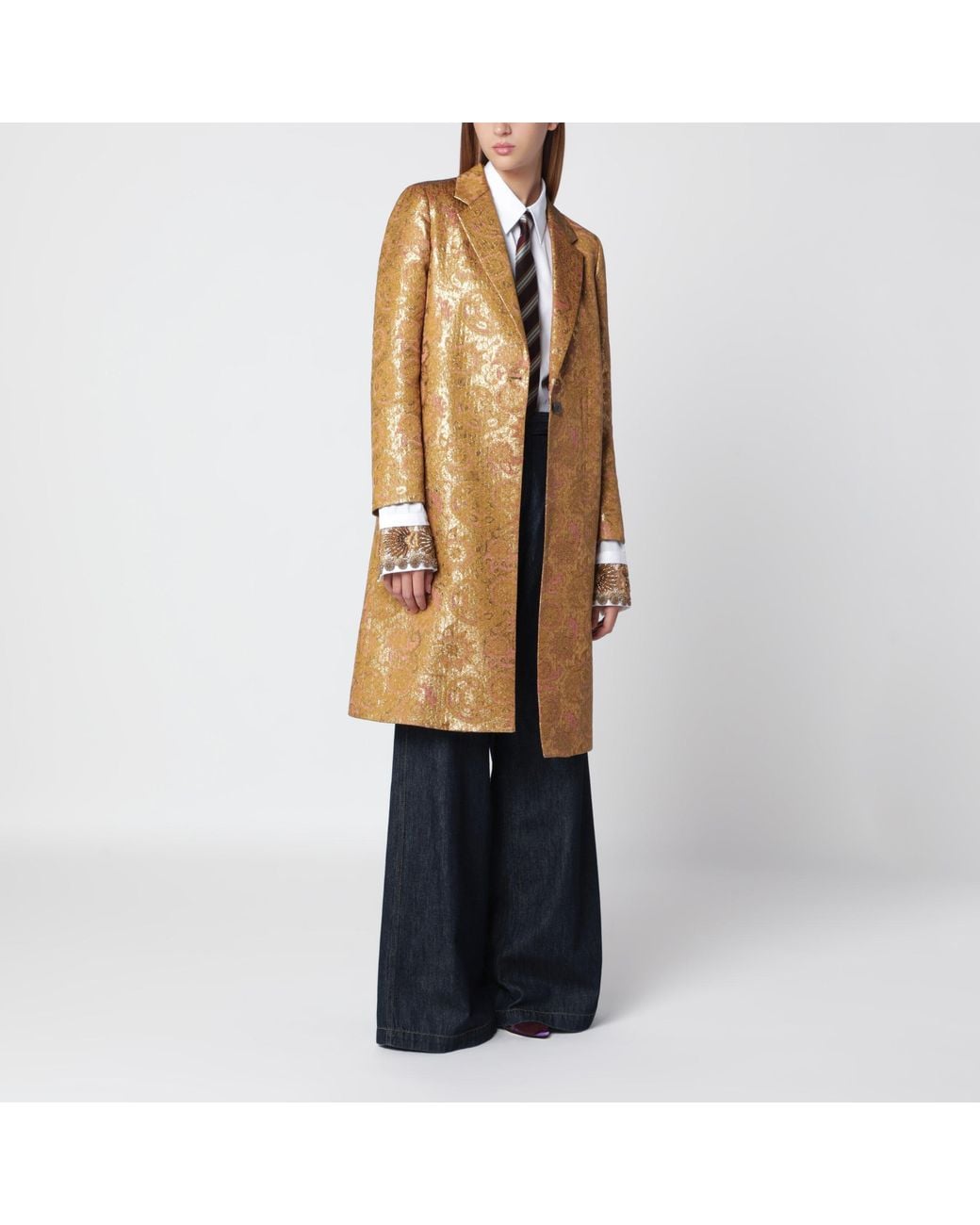 Dries Van Noten Natural Single-Breasted Coat With Jacquard Pattern