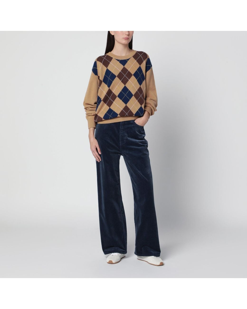 DUNST Blue Argyle Camel Wool Crewneck Sweater