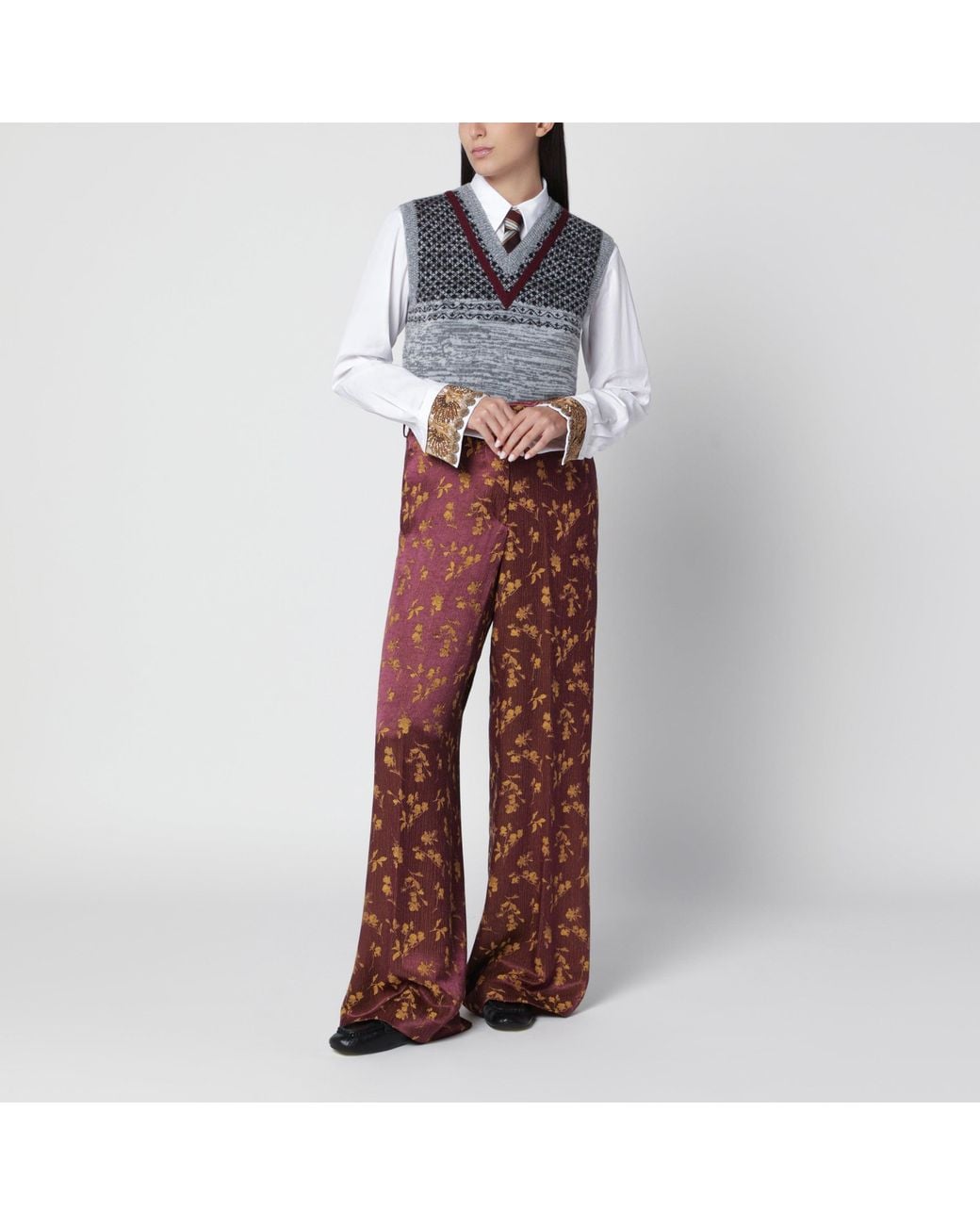 Dries Van Noten Red Jacquard Wide-Leg Trousers