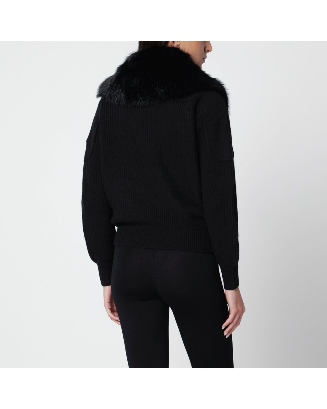 Moose Knuckles Black Wool Cardigan With Faux Fur Collar