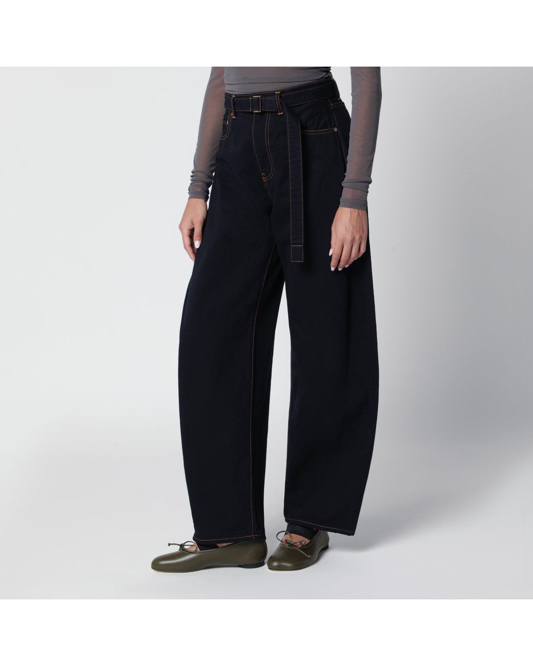 Sacai Black High-Waisted Cotton Barrel Jeans