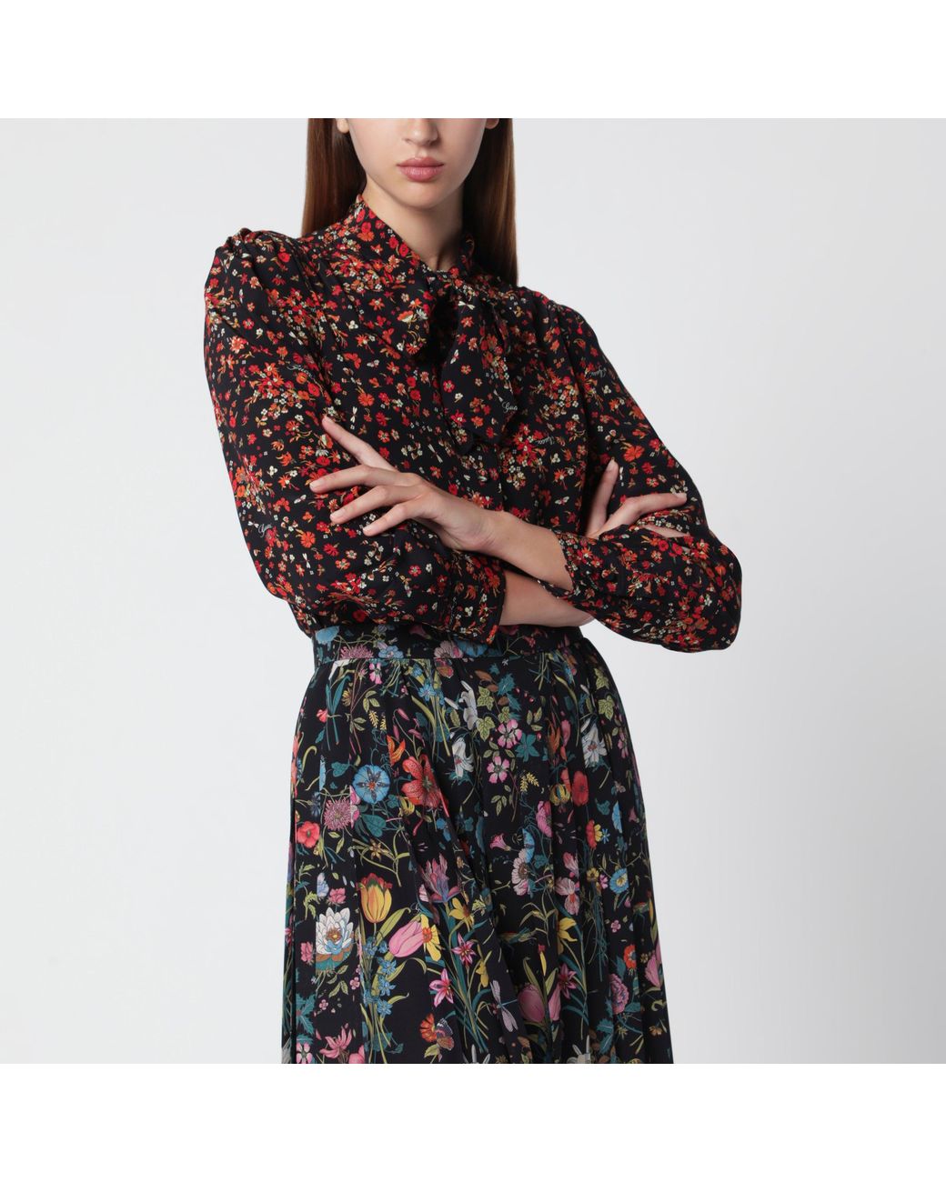 Gucci Black Printed Silk Shirt With Bow