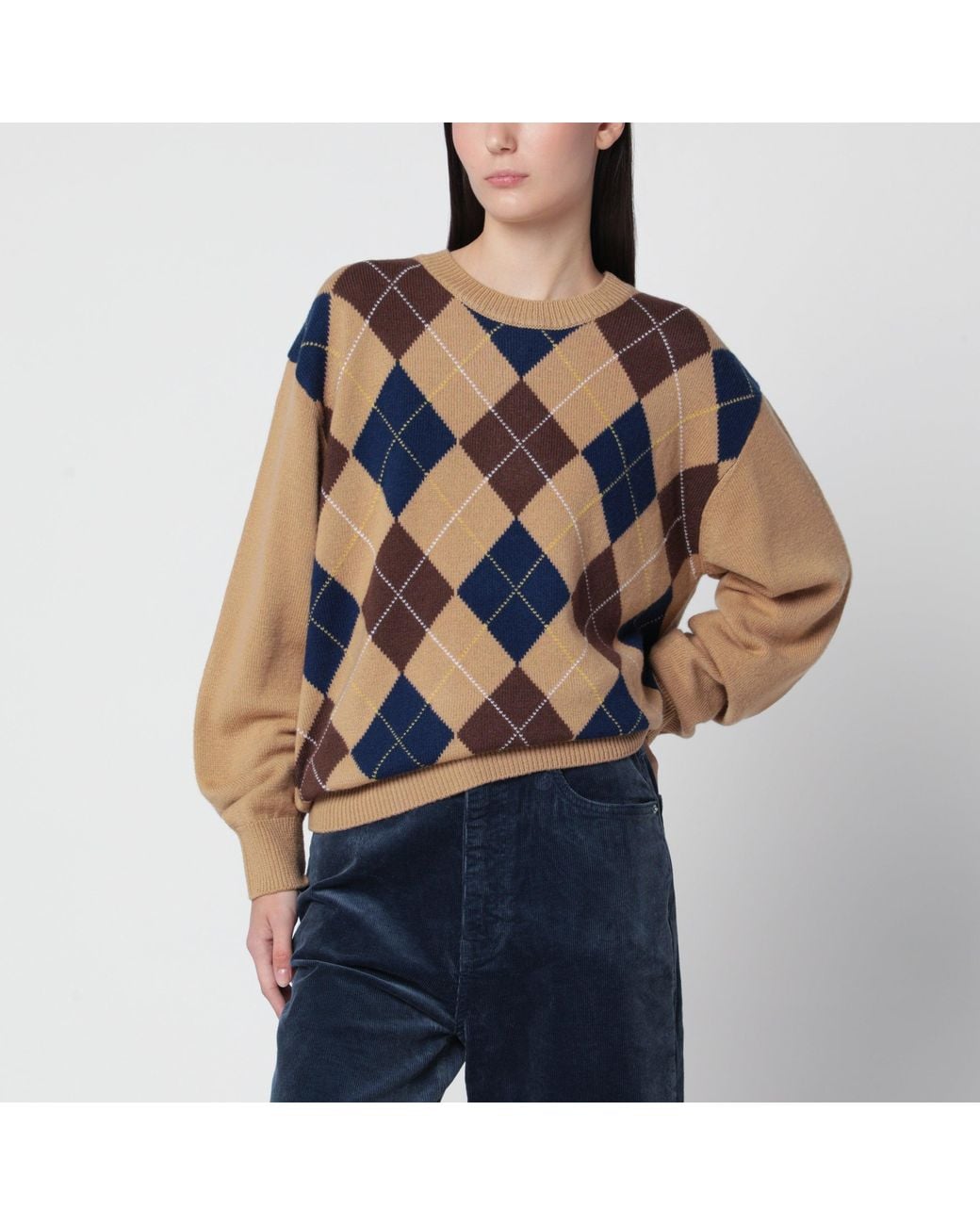 DUNST Blue Argyle Camel Wool Crewneck Sweater