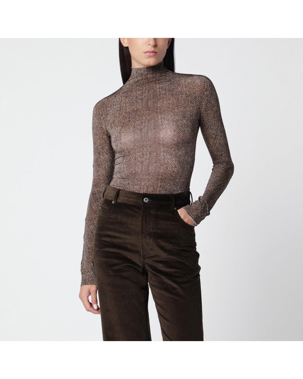 Maison Margiela Brown Turtleneck Bodysuit With Herringbone Pattern