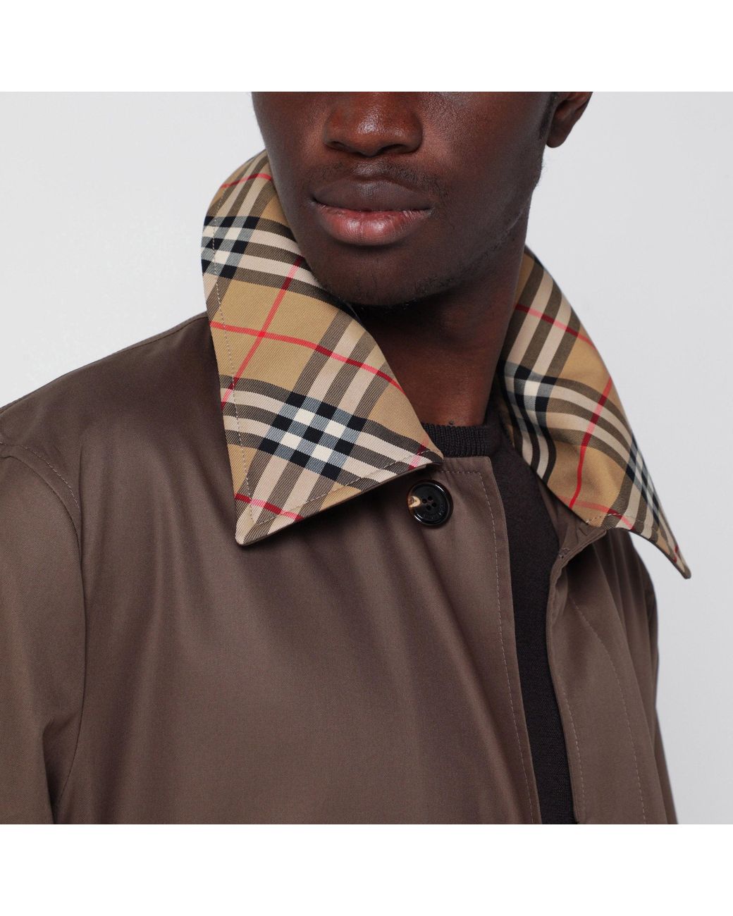 Burberry Brown Cotton Trench Coat With Check Collar for men