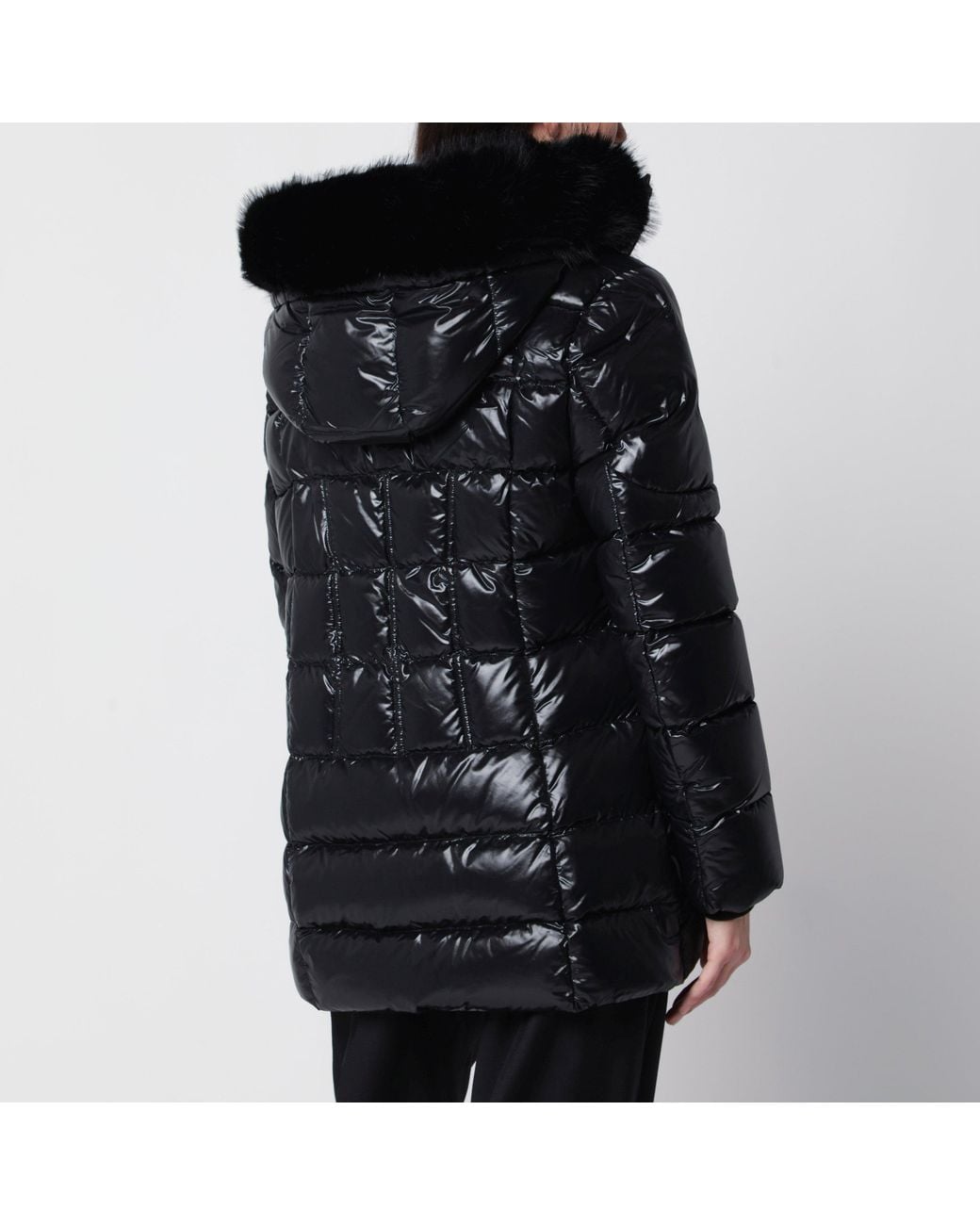 Moose Knuckles Black Celestia 3Q Glossy Nylon Down Jacket With Removable Hood & Faux Fur Trim
