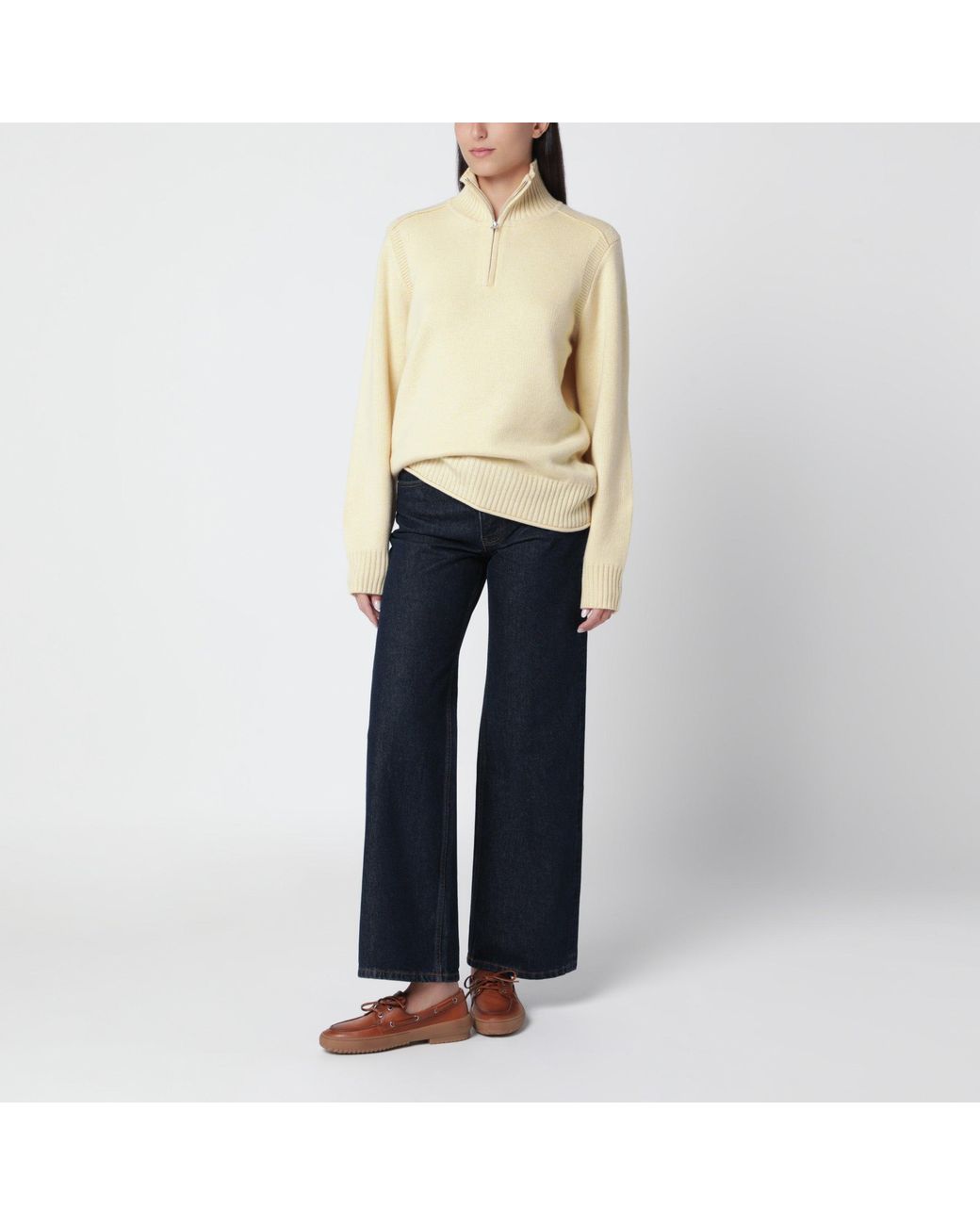 Guest In Residence Natural Butter-Colored Turtleneck Sweater With Half-Zip
