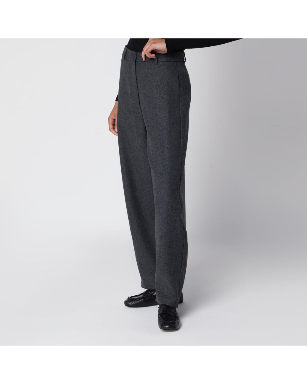 Cordera Black Curved-Leg Wool Trousers With Hook Closure