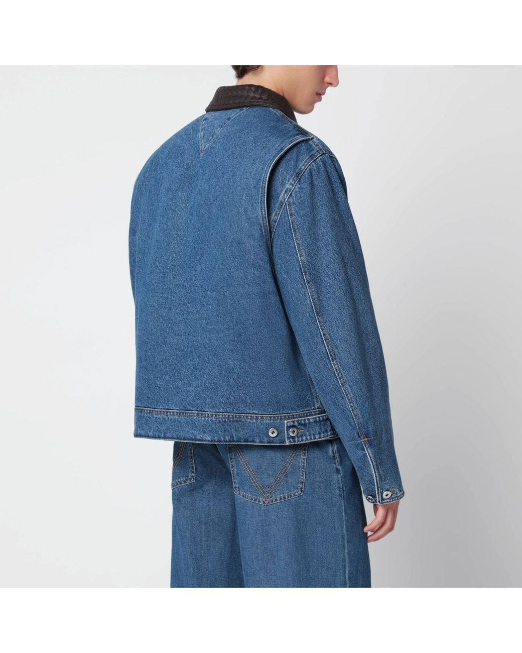Bottega Veneta Blue Denim Jacket With Intrecciato Collar for men
