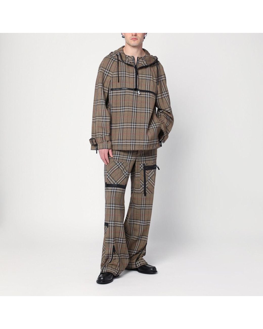 Burberry Brown Half-zip Jacket With Check Pattern In Silk Blend for men