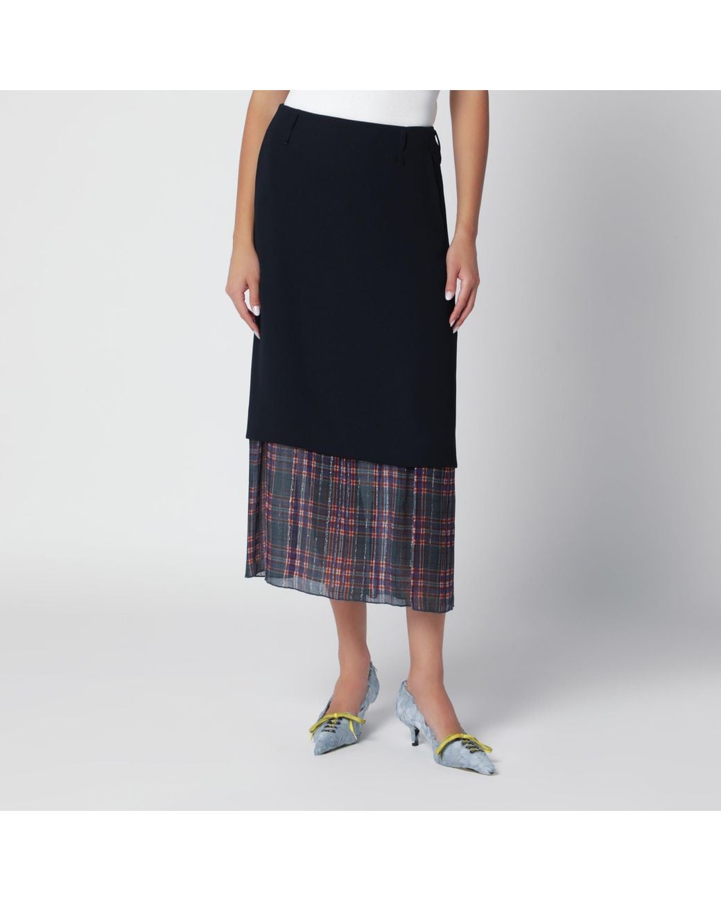 Dries Van Noten Blue Midi Skirt With Check Insert
