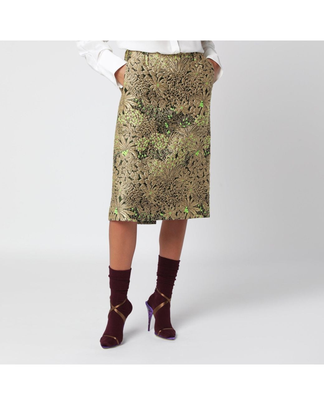 Dries Van Noten Green Skirt With Floral Jacquard Pattern