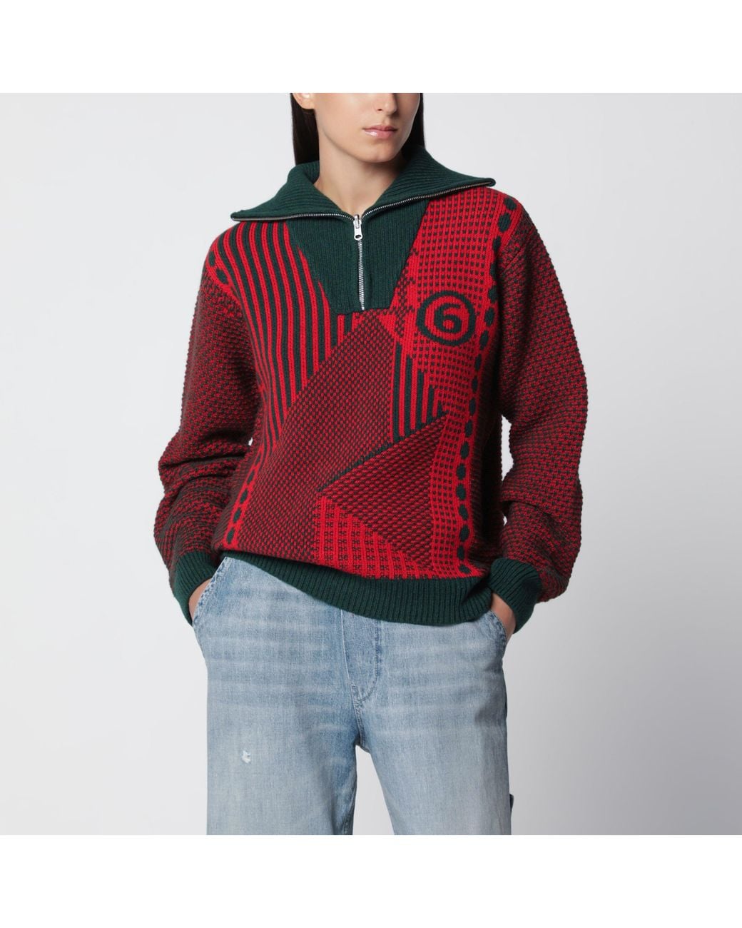MM6 by Maison Margiela Red Forest Wool Blend Jacquard Knit Sweater