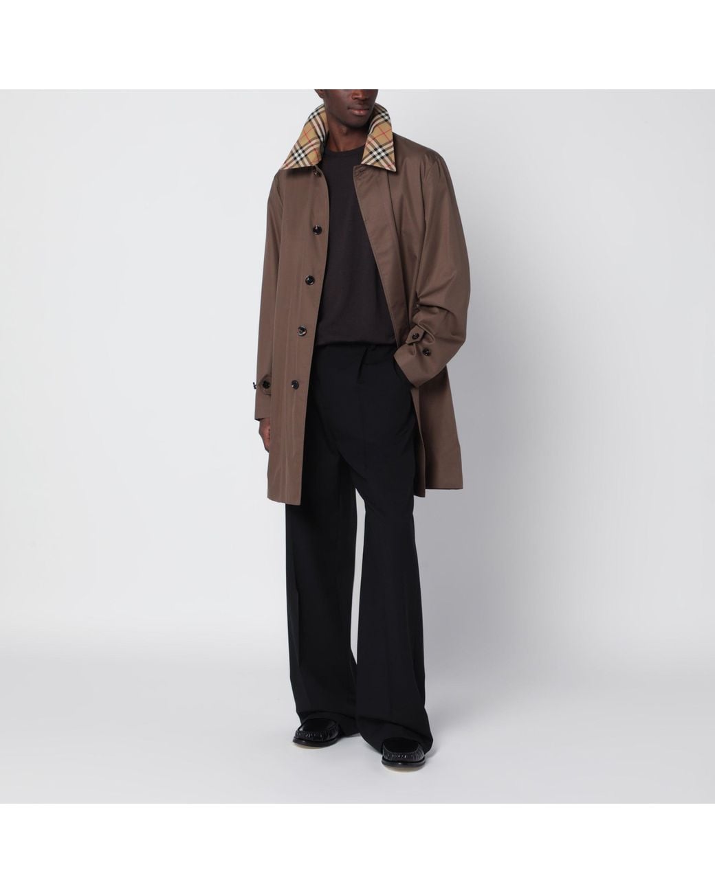 Burberry Brown Cotton Trench Coat With Check Collar for men
