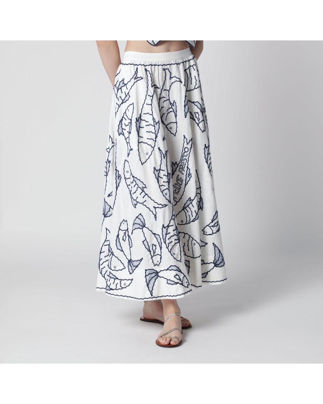 Farm Rio Blue Midi Skirt With Marine Embroidery
