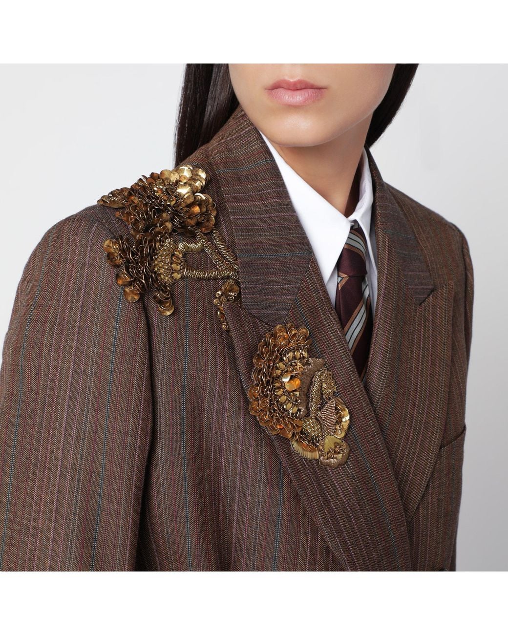 Dries Van Noten Brown Pinstripe Jacket With Sequin Embroidery