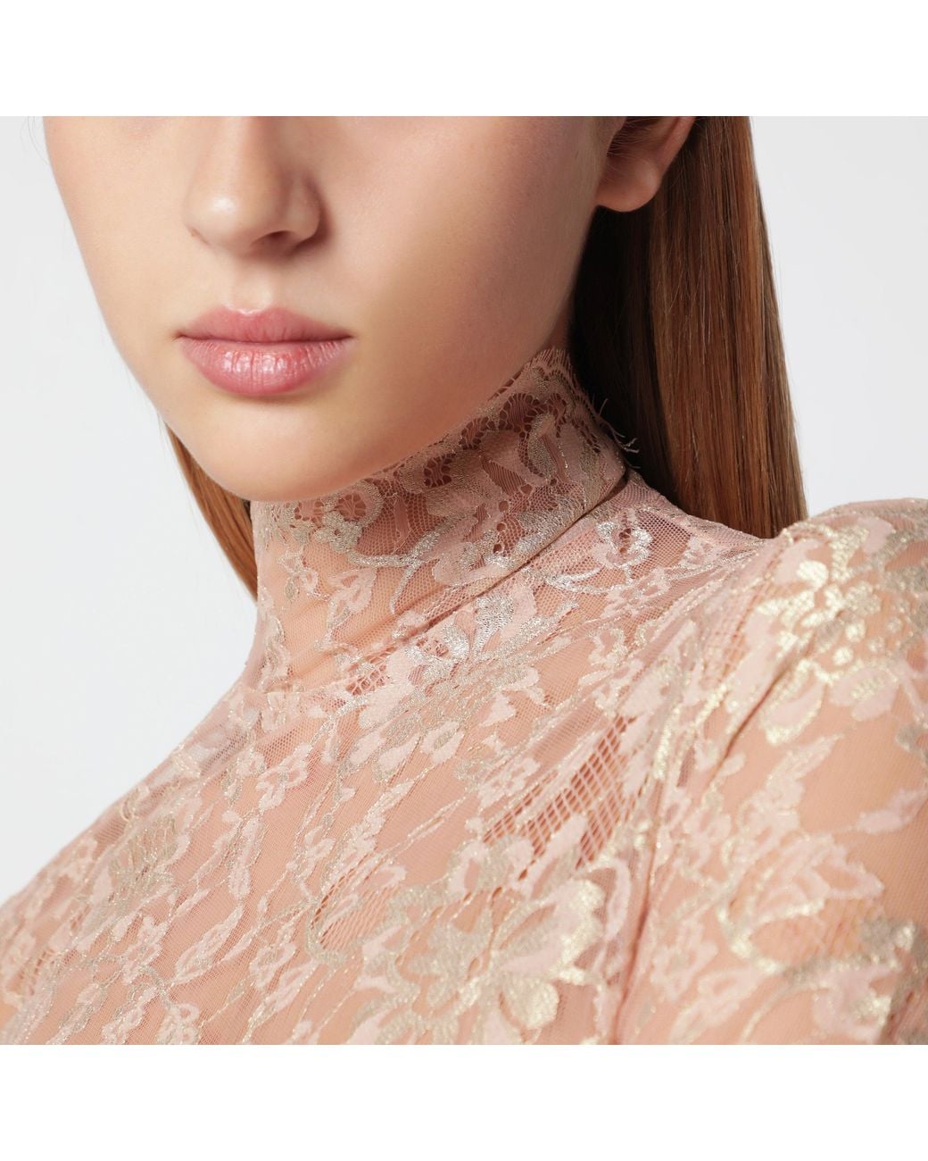 Valentino Blue Nude Semi-Sheer Floral Lace Bodysuit