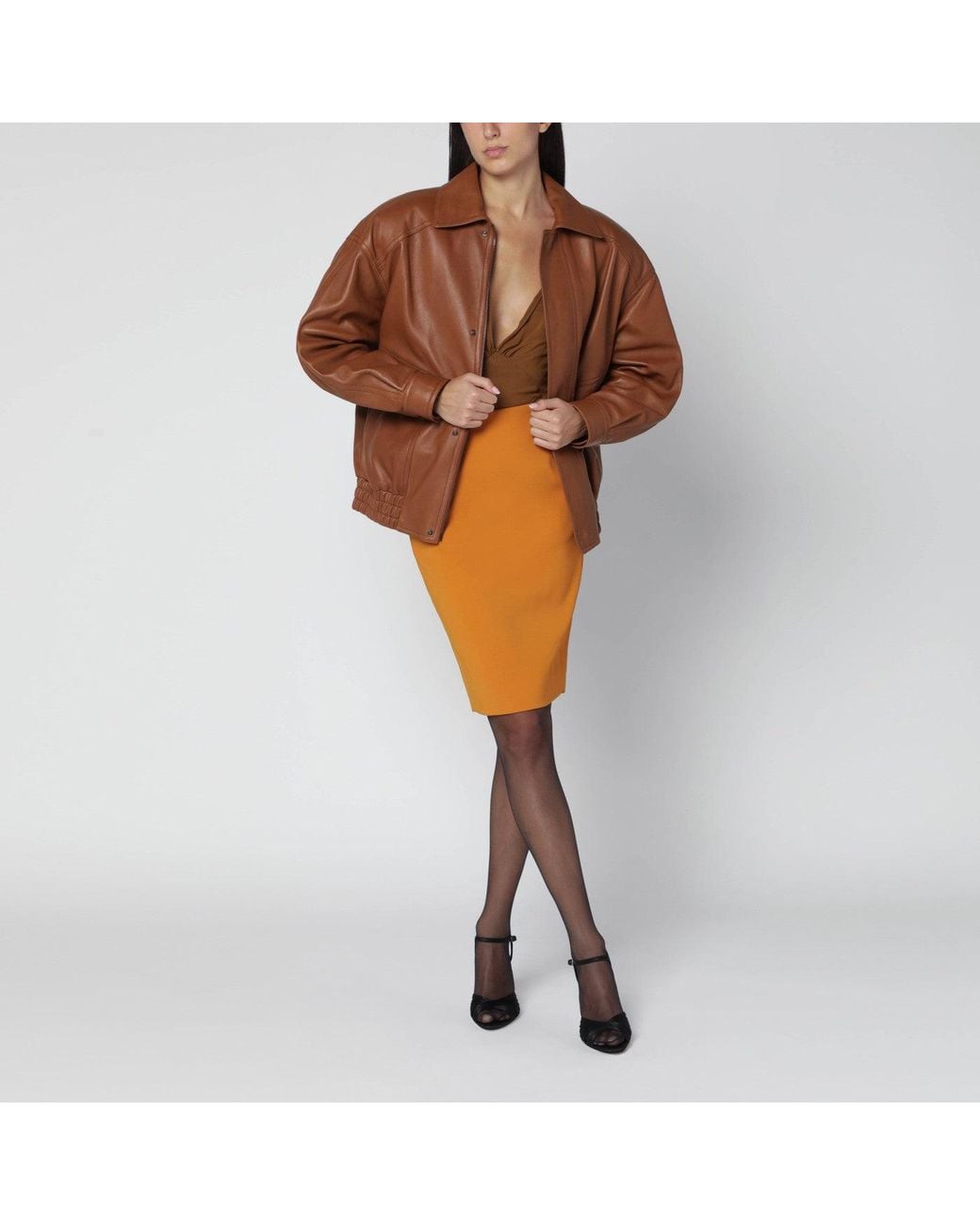 Saint Laurent Orange Ochre Satin Pencil Skirt