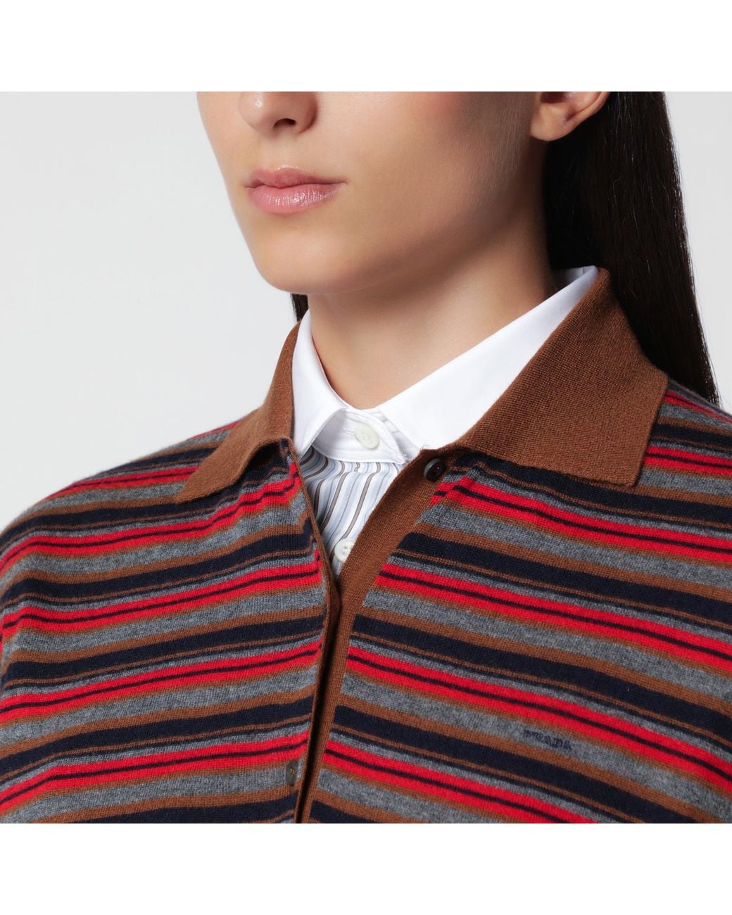 Prada Red Striped Tobacco And Slate Cashmere Polo Shirt