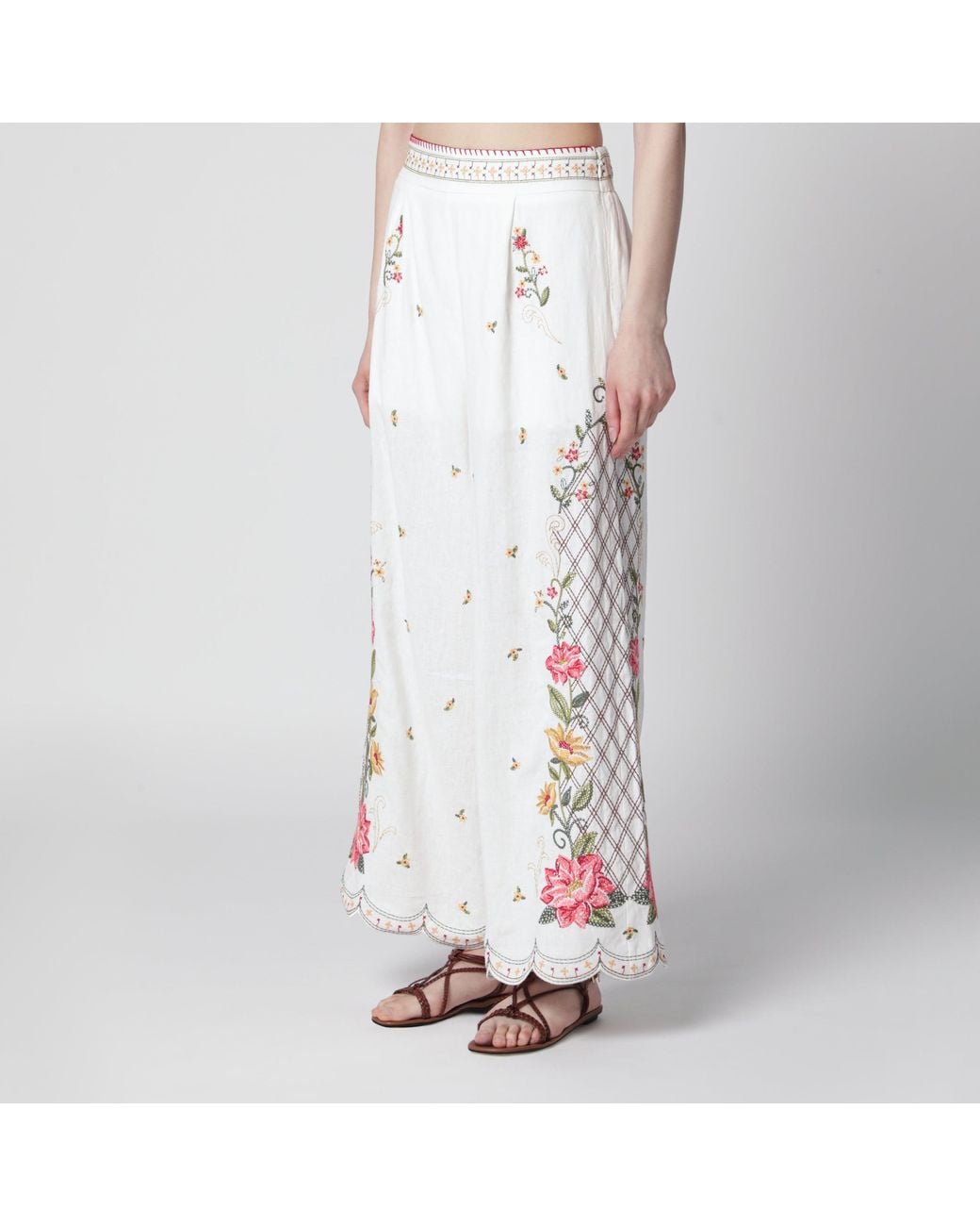 Farm Rio White Linenblend Trousers With Floral Embroidery