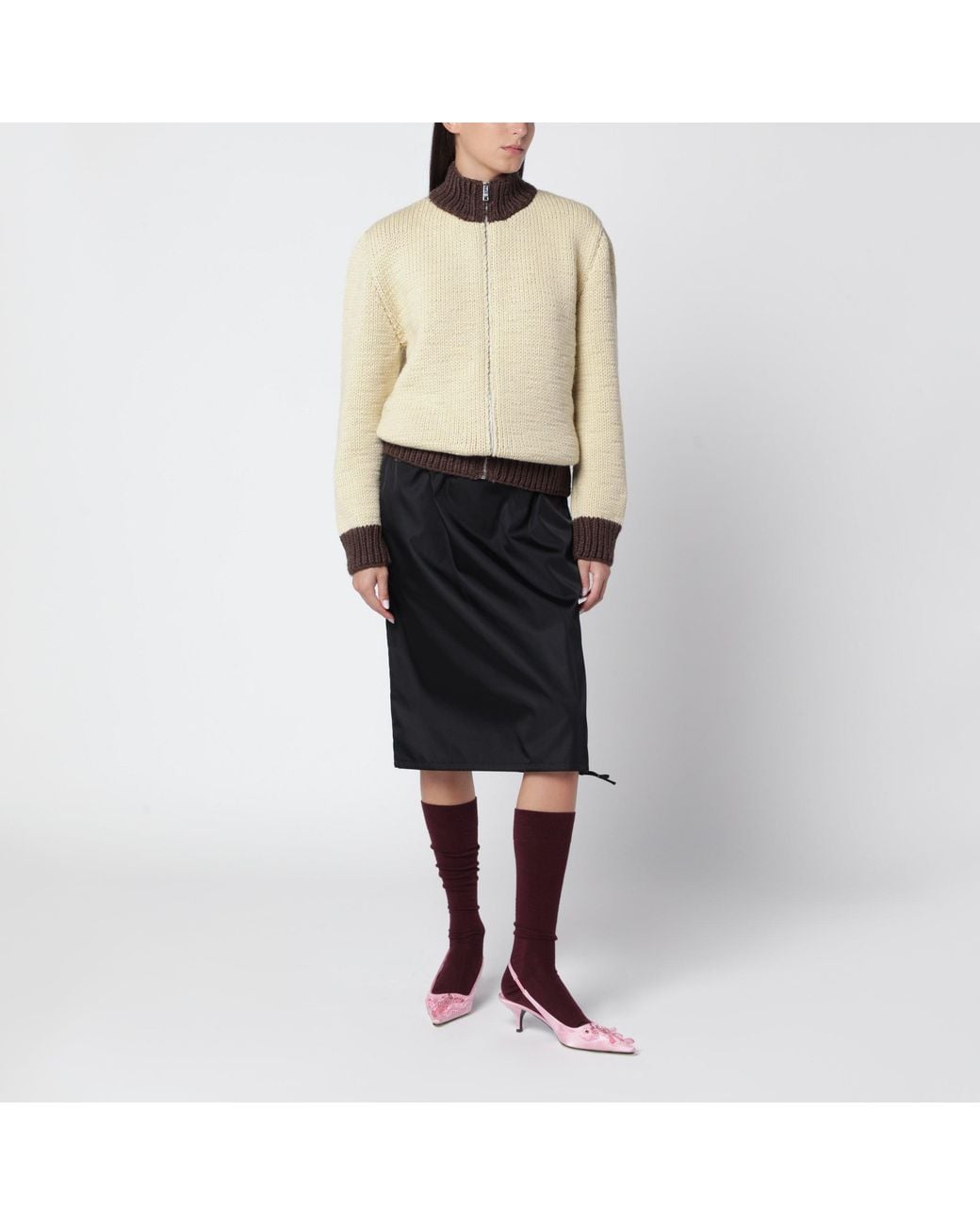Prada Natural Corda/Cacao Zip-Up Wool Cardigan