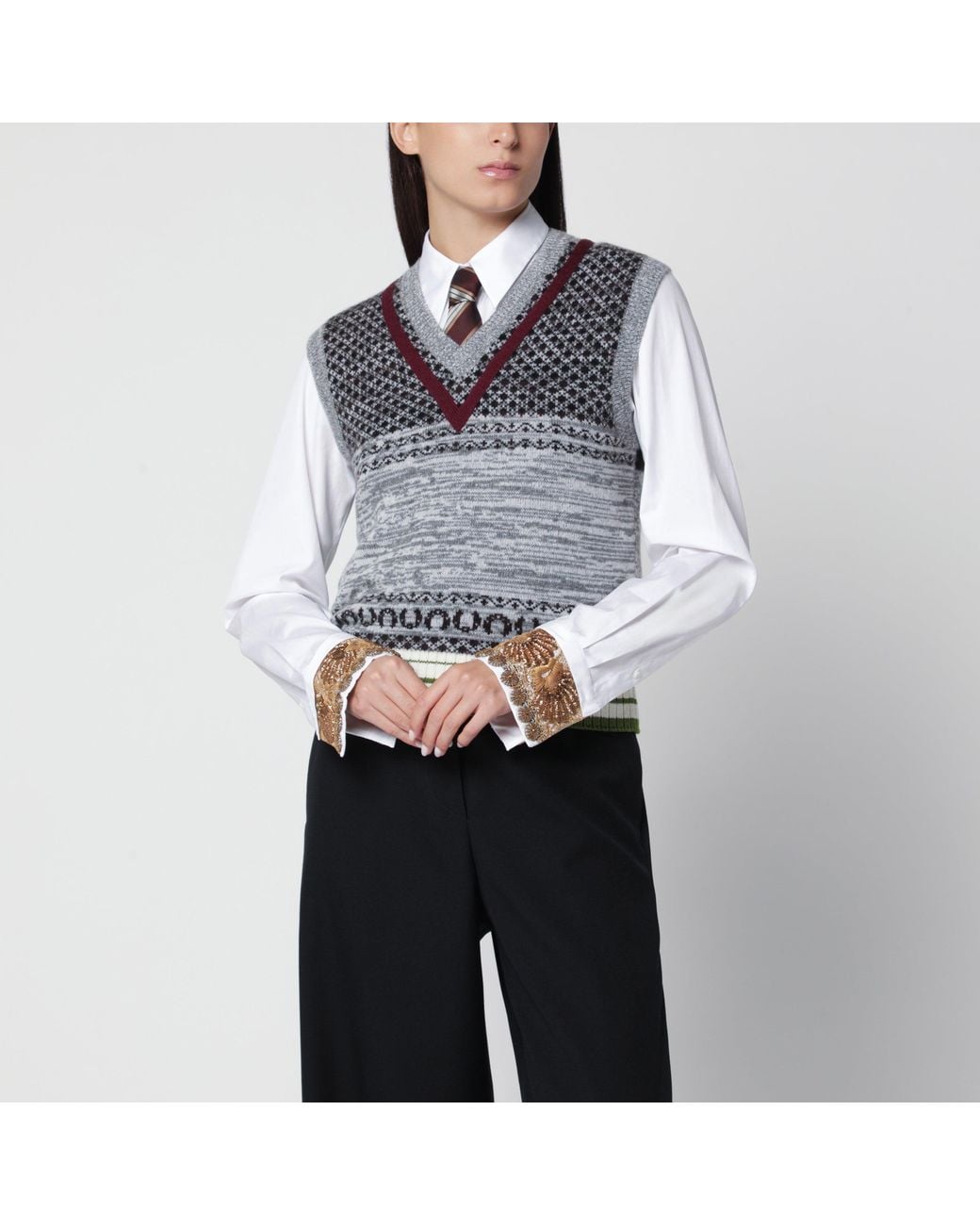Dries Van Noten Gray Ecru Cashmere And Wool Fitted Top