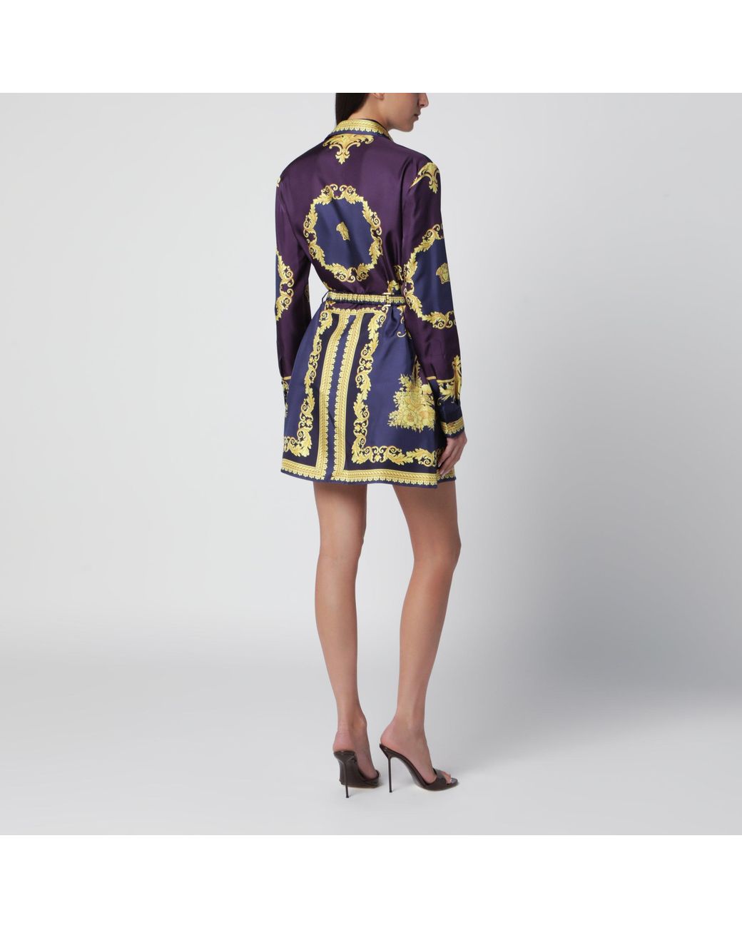 Versace Blue Eggplant Chemisier Mini Dress With Baroque Print